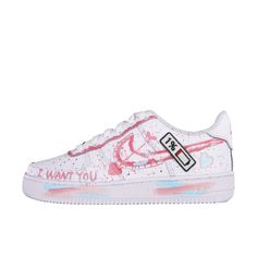 Step into style with our Pink Spray Font Custom Air Force 1 shoes! These vibrant sneakers feature a unique pink spray font design that will make any outfit pop. The perfect choice for anyone looking to add a playful and quirky touch to their wardrobe. Exactly as shown in the pictures. 📷 Brand New & Authentic. 💯 Hand Painted with attention to detail. 👨‍🎨 Waterproof and Flexible. ❤️ Unisex model. Please refer to the Size Chart. 👟👫 Free Worldwide Shipping. ✈️🌍 Spray Font, Pink Spray Paint, Air Force 1 Shoes, Painted Sneakers, Custom Kicks, Custom Air Force 1, Bespoke Shoes, Sneaker Art, Sneaker Games