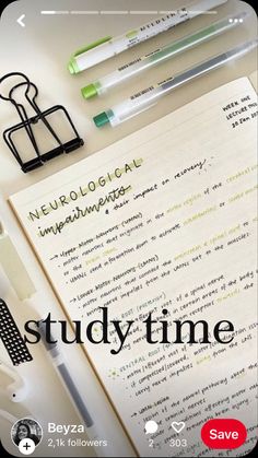 an open notebook with the words study time written on it