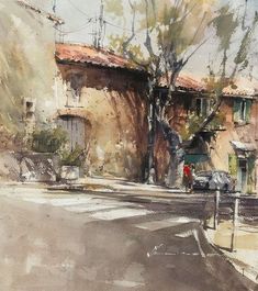 a watercolor painting of a street corner with buildings and trees on the side walk