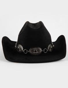 Womens Boho Cowboy Hat - BLACK | Tillys Leather Cowgirl Hat, Black Cowboy Hat Decorated, Woven Cowgirl Hat, Cowboy Witch Hat, Cowgirl Hat Styles, Black And Gold Cowgirl Outfit, Black Western Hat, Mexican Hats For Women, Goth Cowboy Hat