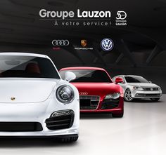 three different colored cars in front of a black and white background with the word groupe lauzon