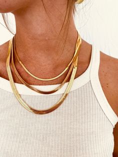 Classic herringbone chain, available in three different sizes. A staple for every stack! 17 inch necklace with 2 inch chain extender Big Gold Chains, Gold Snake Chain, Mesh Necklace, All That Glitters Is Gold, Herringbone Chain, Snake Chain Necklace, Snake Jewelry, Silver Snake Chain, Snake Ring