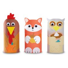 three different types of paper toys with faces on them and an owl, fox, and bird