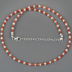 Orange Rondelle Necklace As Gift, Orange Rondelle Necklace As A Gift, Orange Rondelle Necklaces As A Gift, Orange Rondelle Jewelry For Gift, Silver Carnelian Beaded Necklace With Gemstone Beads, Silver Crystal Necklaces With Polished Beads For Gifts, Beaded Carnelian Round Beads Necklace, Silver Carnelian Beaded Necklace, Carnelian Round Beads Necklace As Gift