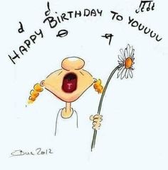 a cartoon character holding a flower with the words happy birthday to you