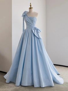 Elegant One-Shoulder Sky Blue Evening Gown Blue Long Prom Dresses, Blue Evening Gowns, Floor Length Prom Dresses, Dress Item, Formal Evening Dress, Beautiful Prom Dresses, Pretty Prom Dresses, Satin Prom Dress, Black Prom Dresses