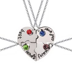 PRICES MAY VARY. ♥ Package Content: 4 pieces best friends forever and ever friendship necklaces, and come with a jewelry box. ♥ Size: Chain length: 50cm/19.7inches; Heart pendant size: 4.5*4.5cm/1.8*1.8 inches; Proper size, fit for most of people. ♥ Material: This best friends jewelry set is made of alloy and colorful rhinestones, durable and beautiful, great for long time use. ♥ Show Your Love: This is a friendship necklace set, a great gift to show your love to friends, it means forever true l 4 Piece Friendship Necklace, 4 Way Friendship Necklace, Heart-shaped Metal Jewelry For Best Friend's Gift, Heart-shaped Metal Jewelry For Best Friend, Friendship Necklaces For 4, Friends Clothing, Friendship Heart, Friends Jewelry, 4 Best Friends