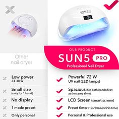 THIS TRUSTY LED LIGHT GETS THE JOB DONE WITHOUT BREAKING THE BANK. LIGHTWEIGHT AND FAST ACTING FOR QUICK APPLICATION SMART NAIL LAMP. SUN 5 PRO UV LED Curing Lamp can be used for drying most types of nail gel polish and extensions including hard gels, UV/LED gels, CND Shellac, OPI, sculpture, guilders and builders DIGITAL TIME DISPLAY. The built-in LCD screen displays nail-drying time and is equipped with a time memory function that you can set in 10, 30, 60 or 99 seconds low heat mode. SMART SE Toenail Gel, Nail Led Lamp, Smart Nail, Gel Nail Light, Smart Nails, Uv Nail Lamp, Nail Gel Polish, Led Nail Lamp, Nail Dryer