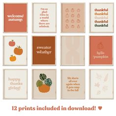 twelve thanksgiving cards with pumpkins, apples and leaves in different colors are featured on this page