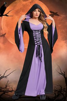 DESIGN INSPIRATION Get ready to make a grand entrance on Halloween with this incredible plus size witch costume. Complete with eye-catching color block detailing, stylish flared sleeves, and cute lace-up accents, this costume is sure to turn heads. Plus, the hooded design eliminates the need to buy a separate pointed witch hat, making it convenient and hassle-free. To perfect the witch costume, add the ultimate finishing touch with a pair of heels or boots. Model's Measurements: Model Wears:XL/14-16 Height: 5'9" Bust: 42.91 Waist: 33.85 Hips: 45.67 Material: Polyester Pattern Type: Colorblock Element: Lace Up, Hooded, Flared Sleeves Included: Hooded Mopping Robe Excluded: Necklace Suit Type: Robe Stretchy: Sight Stretchy Tips: Due to the many variations in monitors, the color in the image Witch Robes, Medieval Witch Costume Plus Size, Long Black Dress With Hood, Hooded Gothic Cape For Costume, Witch Costumes Purple, Gothic Black Hooded Cape, Plus Size Halloween Costume, Witch Costumes, Witch Halloween Costume