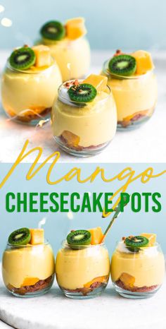 mini mango cheesecake pots are arranged on a marble platter with text overlay that reads mango cheesecake pots