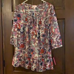 Nwt Liberty For Target Boho Style Tunic Blouse With Keyhole Neckline And Tiefront Detail. Neckline Is Pleated. Sleeves Are 3/4 Length With Slight Gathered Detail. Navy/White/Orange/Lavender Multi Color. Casual Tunic Blouse For Brunch, Fitted Tunic Top For Spring, Casual Tunic Tops For Brunch, Spring Fitted Tunic Blouse, Fitted Spring Tunic Blouse, Spring Tunic Tops For Brunch, Fitted Tunic Blouse For Spring, Fitted Casual Tunic Blouse, Casual Fitted Tunic Blouse