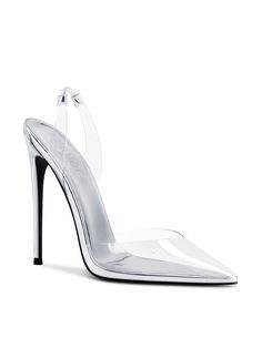 Macallan Slingback Pump - Platinum | Femme LA Clear Slingback Heels For Formal Occasions, Formal Clear Slingback Heels, Elegant Heels With Clear Strap For Night Out, Elegant Evening Heels With Transparent Straps, Chic Clear Heels With Heel Strap, Clear Pointed Toe Heels With Transparent Straps, Clear Pointed Toe Heels For Evening, Clear Heels With Transparent Straps And Pointed Toe, Modern Heels With Clear Strap For Evening