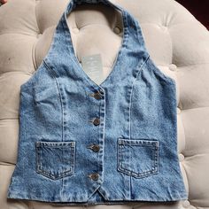 Denim Halter Vest Light Blue Sizes S, M, Xl Available Nwt Jean Vest Top, Ny Fits, Denim Vest Top, H&m Brand, Halter Vest, Brown Crop Top, Patterned Crop Top, Baby Graphic Tees, Floral Crop Tops