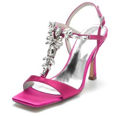 Shop Magenta Satin Open Toe Stiletto Jewelry Embellished Heels T Strap Sandals for Party color Magenta for Anniversary, Party, Wedding with worldwide Free shipping & Free return. Embellished Sandals For Evening Party, Pink Formal Sandals For Party Season, Pink Sandals For Formal Parties, Elegant Rhinestone Sandals For Holiday, Holiday Party Embellished Sandals, Holiday Party Sandals With Rhinestones, Elegant Pink Embellished Sandals, Elegant Holiday Cocktail Sandals, Elegant Sandals For Cocktail Holiday