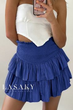 Lasaky - Chic Solid Color Pleated Midi Skirt with Ruffle Detail - Stylish and Trendy Puff Design, Loose Skirt, Rok Mini, Rayon Skirt, Midi Flare Skirt, Jupe Short, Half Skirt, Hem Design, Pleated Midi Skirt