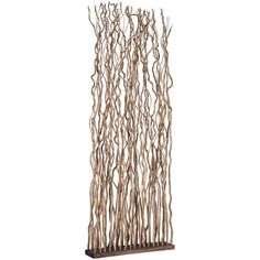 a tall metal sculpture with many branches on the top and bottom, against a white background