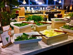 many different types of salads are on display at the buffet table in front of large windows