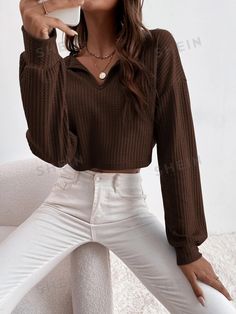 Sleeve Type:Bishop Sleeve \nStyle:Casual \nColor:Chocolate Brown \nPattern Type:Plain \nNeckline:Notched \nSleeve Length:Long Sleeve \nLength:Crop \nFit Type:Regular Fit \nFabric:Non-Stretch \nMaterial:Fabric \nComposition:100% Polyester \nCare Instructions:Machine wash or professional dry clean \nSheer:No \n Bishop Sleeve, Women T Shirts, Knit Tees, Shein Style, Brown Fashion, Waffle Knit, Drop Shoulder, White Jeans, Fashion News