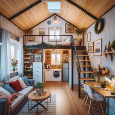 a living room filled with furniture and a spiral staircase leading to the upper level loft