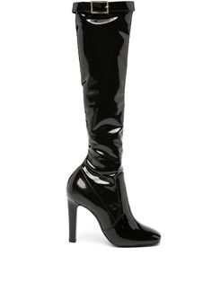 black leather patent finish panel detailing crystal buckle detail gold-tone hardware pull-on style square toe belted opening knee-high 105mm high heel Ysl Thigh High Boots, Elegant Over-the-knee Boots For Night Out, Modern Fitted Platform Boots For Night Out, Chic Knee-high Boots For Evening, Chic Tall Knee-high Boots For Evening, Chic Tall Knee-high Boots For Party, Formal Tall Fitted Platform Boots, Formal Fitted Tall Platform Boots, Elegant Tall Black Boots