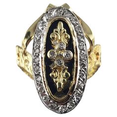 Vintage 18 Karat Yellow Gold and Diamond Ring Size 8 This lovely ring features 28 round single cut diamonds set in beautifully detailed 18K yellow gold. Top of ring measures 24 mm x 11 mm. Shank: 6 mm. Approximate total diamond weight: .30 ct. Diamond color: G Diamond clarity: VS1 Ring Size: 8 Weight: 9.1 gr./ 5.8 dwt. Stamped: 18K Very good condition, professionally polished. Will come packaged in a gift box or pouch (when possible) and will be shipped U.S. Priority Mail Insured. DV042423/17KCS Oval Gold Signet Ring With Diamond Accents, Gold Oval Signet Ring With Diamond Accents, Gold Heirloom Diamond Engraved Ring, Heirloom Style Gold Engraved Diamond Ring, Heirloom Gold Engraved Diamond Ring, Victorian Oval Yellow Gold Enamel Ring, Elegant Gold Engraved Ring With Diamond Accents, Elegant Enamel Ring With Diamond Accents, Gold Oval Diamond Ring With Single Cut Diamonds