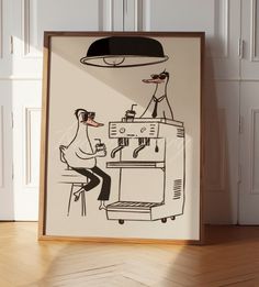 a black and white drawing of a dog sitting at a table with a coffee maker