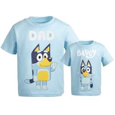 Come meet Bluey the 6 year old Blue Heeler pup and her younger sister Bingo! Watch Bluey and Bingo come to life through your little one’s friendly and fun personality. Your child is going to love playing indoors or outdoors in their new Bluey Graphic T-Shirt. Bluey Bandit, Matching Family T Shirts, Soft Clothing, List Of Characters, Soft Clothes, Screen Printing Designs, Men's Graphic T Shirt, Matching Family Outfits, Character Designs