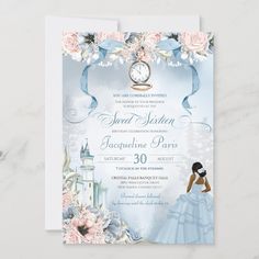 an elegant princess birthday party with flowers and a clock on the front, in blue