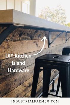 the diy kitchen island hardware is on display in front of an outdoor bar with stools