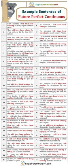 a table with the words and numbers for each subject in an english language, which are also