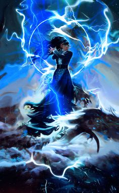 a woman in a blue dress standing on top of a cloud covered ground with lightning behind her