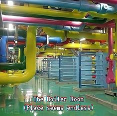 the boiler room is filled with colorful pipes