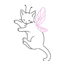 a black and white drawing of a cat with a pink butterfly on its back