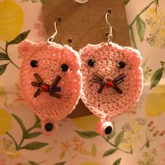 Pink Cat And Pink Evil Eye Crochet Earrings.2 Inch-5 Cm This Item Is A Handmade Crochet Cat Earring. The Earring Hooks Are Hypoallergenic. There Is Also A Pink Evil Eye Attached To The Bottom It’s Eyes, Whiskers And Nose Is Made Out Of Beads. Quirky Handmade Pink Earrings, Cute Handmade Cat Ears Jewelry, Handmade Cat Ears Jewelry For Gifts, Handmade Cat Ears Jewelry For Gift, Gold Earring Cuff, Evil Eye Crochet, Eye Crochet, Cat Earring, Pink Evil Eye