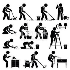 black and white silhouettes of people doing different things in the house, including cleaning