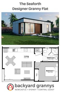 the floor plan for a tiny house with an attached garage and living room, as well as