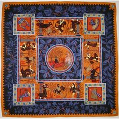 Hermès Musique des Dieux scarf boasts Greek gods with musical instruments in a rich slate blue, periwinkle and Hermes orange colorway. Designed by Claudia Stuhlhofer-Mayr in 1996. Appears unworn. Blue Periwinkle, Hermes Orange, California Pottery, Hermes Scarf, Scarf Design, Greek Gods, Scarf Pattern, Slate Blue, Cashmere Scarf