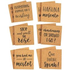 Item Description Add a cute, novelty twist to the usual everyday coasters with this set of fun wine pun design beverage coasters for bars, restaurants, home and the office! Each coaster features a different, pun of a famous wine variety, including: "Everything happens for a riesling", "Hakuna moscato", "Chardonnay or should I go!", "Que Sarah, Syrah", "You had me at Merlot", and "Stop and smell the Ros". This set of fun, novelty emoji coasters provides protection from beverage stains and marks t Wine Puns, Emoji Patterns, Funny Coasters, Coaster Crafts, Cool Coasters, Laser Engraved Ideas, Wine Coasters, Wood Burning Crafts, Inspo Pics