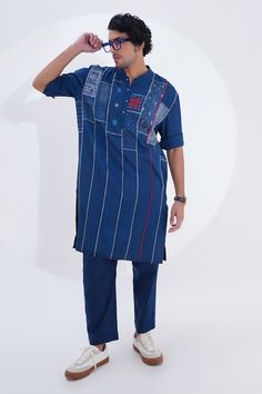 Indigo blue panelled patchwork kurta in linen base. Paired with a pant. - Aza Fashions Blue Cotton Patchwork Sets, Band Collar, Pants Pattern, Pant Set, Indigo Blue, Aza Fashion, Blue Man, Pants Set, Types Of Sleeves