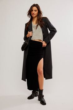 Soft meets statement-making in this stunning Peak Show Maxi Skirt. Color: Black Solid 91% Viscose, 8% Polyamide, 1% Elastane Hand wash cold, lay flat to dry. Item #OB2013901 Please call for in-store availability Size/Fit Model is wearing size S. Cropped Graphic Tees, Sporty Sneakers, Cardigan Crop, Hair Fragrance, Loungewear Sets, Black Solid, Knit Jacket, Tall Boots, Dressed Down