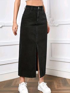 Black High-rise Stretch Denim Skirt, Black High Rise Stretch Denim Skirt, Black Stretch Denim Skirt, Fitted Black Denim Skirt With Pockets, Black Stretch Cotton Denim Skirt, Black Cotton Pencil Skirt, Casual Denim Skirt, Funny Lockscreen, Fall Care