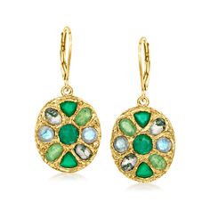 Ross-Simons - Multi-Gemstone Floral Drop Earrings in 18kt Gold Over Sterling. Boasting a lush palette of fresh green hues, these artsy drop earrings embrace floral inspiration. Featuring 1.30 ct. t. w. round emeralds, 3x5mm oval green agate, 3x5mm oval green aventurine, 4mm triangular green chalcedony and 4mm round gray labradorite. Finely crafted in textured and polished 18kt yellow gold over sterling silver. Hanging length is 1 3/8". Leverback, multi-gemstone floral drop earrings. Emerald birt Green Natural Stones Fusion Earrings, Green Multi-stone Earrings For Anniversary, Green Emerald Multi-stone Earrings, Green Multi-stone Drop Earrings, Green Gemstone Accented Fine Jewelry Earrings, Green Fusion Earrings With Natural Stones, Green Gemstone Accented Earrings For Anniversary, Green Gemstone Accents Fine Jewelry Earrings, Fusion Green Earrings With Natural Stones