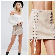 Nwot, Honey Punch From Asos Tan Faux Suede Lace Up Mini Skirt. Size Small Waist: 13” Length: 14” Smoke And Pet Free Trendy Winter Lined Skirt, Trendy Winter Skirt, Trendy Beige Mini Skirt For Winter, Trendy Beige Winter Mini Skirt, Mini Length Bottoms For Fall Day Out, Trendy Beige Mini Skirt For Fall, Trendy Beige Skirt For Day Out, Beige Mini Skirt For Fall Day Out, Trendy Winter Mini Skirt For Day Out