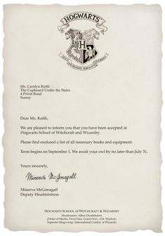 the hogwarts letter from harry potter