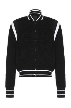 Find GIVENCHY Knitted Bomber Jacket on Editorialist. Givenchy Knitted Bomber Jacket in Black Self: 63% cotton 24% viscose 13% polyamide Sleeves Band: 100% polyester Lining: 64% viscose 36% polyamide. Made in China. Dry clean only. Front snap button closure. Side seam pockets. Fleece lining. Midweight fabric with tonal 4G logo throughout. GIVE-MO214. BM016B4YH9. About the designer: Hubert de Givenchy founded his namesake fashion house specializing in Haute Couture and ready-to-wear in 1952. No sooner did it open than Givenchy earned a reputation for breaking with the fashion codes of its time. Today, the house is synonymous with aristocratic elegance, sensuality and fresh romanticism. Its legacy continues through the modern approach of its newest Creative Director Matthew M. Williams, appoi Black Cardigan With Ribbed Cuffs For Streetwear, Knit Cardigan With Ribbed Cuffs For Streetwear, Knit Outerwear With Ribbed Cuffs For Streetwear, Black Jacquard Knit Cardigan, Luxury Cotton Sweater With Ribbed Cuffs, Long Sleeve Cotton Knit Outerwear, Knit Cotton Outerwear For Fall, Black Knit Outerwear With Ribbed Cuffs, Black Jacquard Knit Casual Outerwear