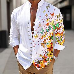 Butterfly Casual Men's Shirt Linen Shirt Daily Wear Going out Weekend Spring Standing Collar Long Sleeve Blue, Purple, Orange S, M, L Slub Fabric Shirt 2024 - Rs.2344 Multicolor Shirt With Casual Collar And Buttons, Long Sleeve Buttoned Summer Tops, Long Sleeve Button Tops For Summer, Summer Long Sleeve Tops With Buttons, White Button Shirt For Summer, White Summer Shirt With Buttons, Spring Long Sleeve Tops With Buttons, Spring Shirt With Button Closure And Casual Collar, Long Sleeve Summer Tops With Button Closure