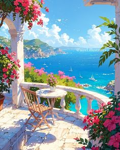 a painting of a balcony with flowers and a table on the patio overlooking the ocean