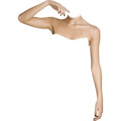 a nude woman with her hand on her head pointing to the side and touching her hair