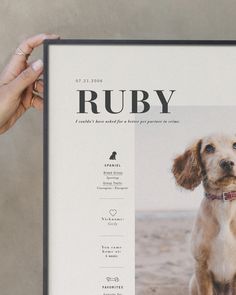 a person holding up a poster with a dog on it's front and side